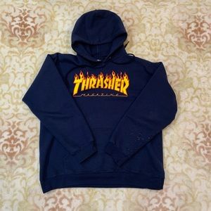 Navy Blue Thrasher Hoodie - Classic Flames Script